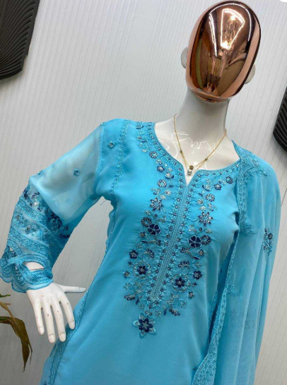 Sky Blue Embroidered Georgette Suit with Dupatta