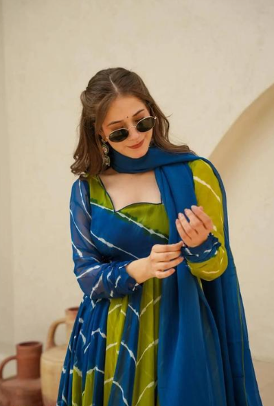 Elegant Blue & Green Tie-Dye Anarkali Suit with Dupatta