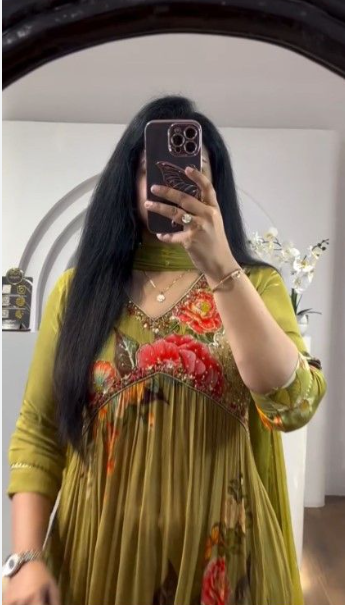 Mustard Floral Printed Anarkali Kurta with Dupatta