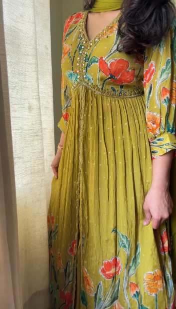 Mustard Floral Printed Anarkali Kurta with Dupatta