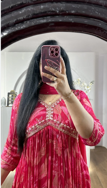 Vibrant Pink Floral Printed Anarkali Kurta with Dupatta