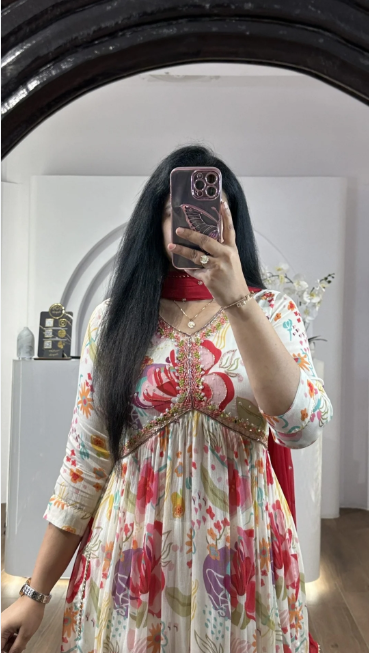 Elegant White Floral Printed Anarkali Kurta with Dupatta