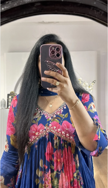 Royal Blue Floral Printed Anarkali Kurta with Dupatta