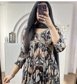 Elegant Black Floral Printed Anarkali Kurta with Dupatta