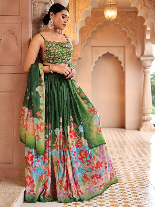 Printed Thread Work Ready to Wear Lehenga & Unstitched Blouse With Dupatta