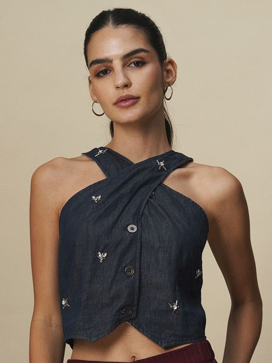 Embellished Halter Neck Cotton Top