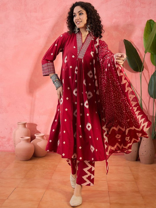 Geometric Printed V-Neck Pleated Pure Cotton A-Line Kurta With Trouser And Dupatta