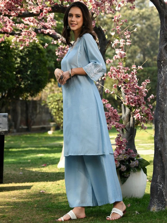 Women Light Blue Modal Chanderi kurta and palazzo set