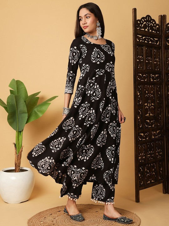 Floral Printed Anarkali Kurta With Palazzos And Dupatta