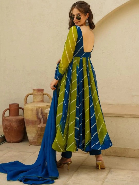 Women Leheriya Printed Regular Kurta with Trousers & With Dupatta