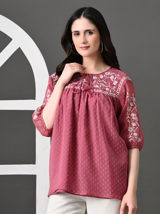 Embroidered Keyhole Neck Accordion Pleated Sleeves Georgette Top