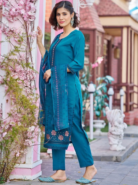 Blue Floral Embroidered Pure Silk Straight Kurta With Trousers & Dupatta