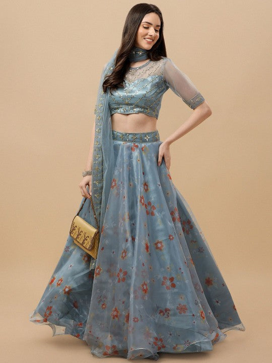 Embroidered Semi-Stitched Lehenga & Unstitched Blouse With Dupatta