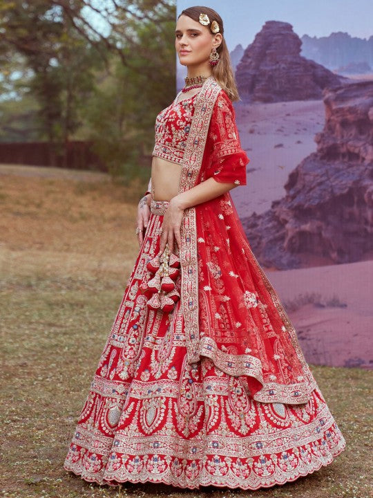 Floral Embroidered Beads and Stones Silk Semi-Stitched Lehenga Choli