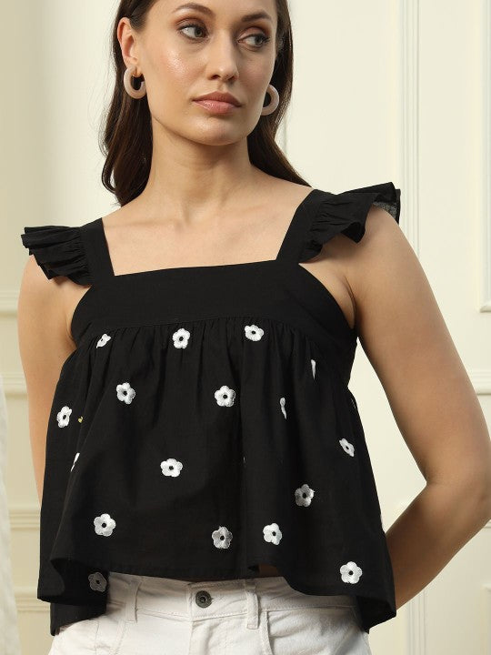 Women Floral Printed Embroidered Square Neck Cotton Top