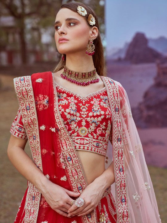 Floral Embroidered Beads and Stones Silk Semi-Stitched Lehenga Choli