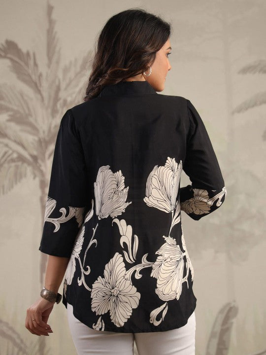 Women's Black Printed Russian Silk Top