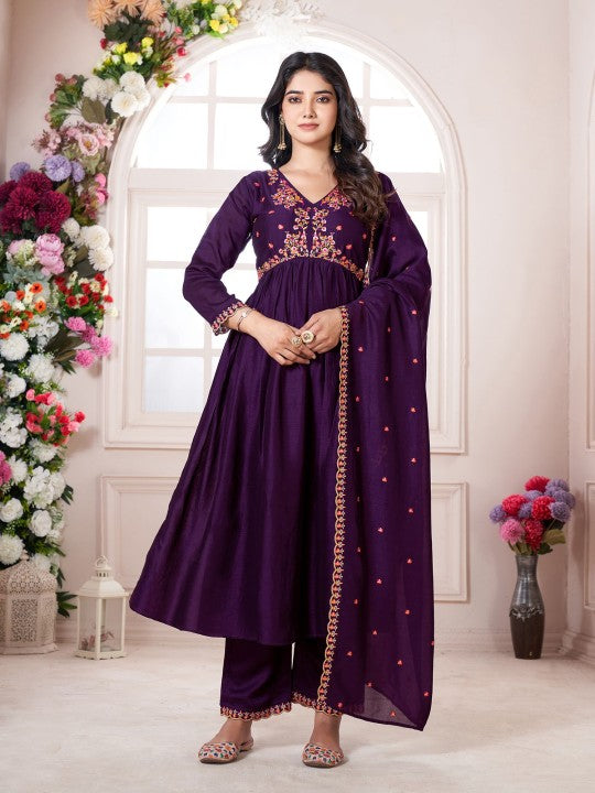 Floral Embroidered V-Neck Pleated Anarkali Kurta With Trousers & Dupatta