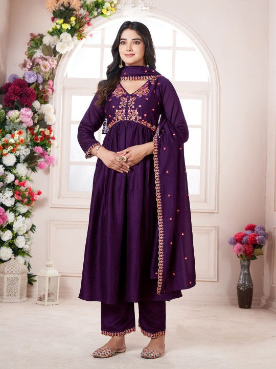 Floral Embroidered V-Neck Pleated Anarkali Kurta With Trousers & Dupatta