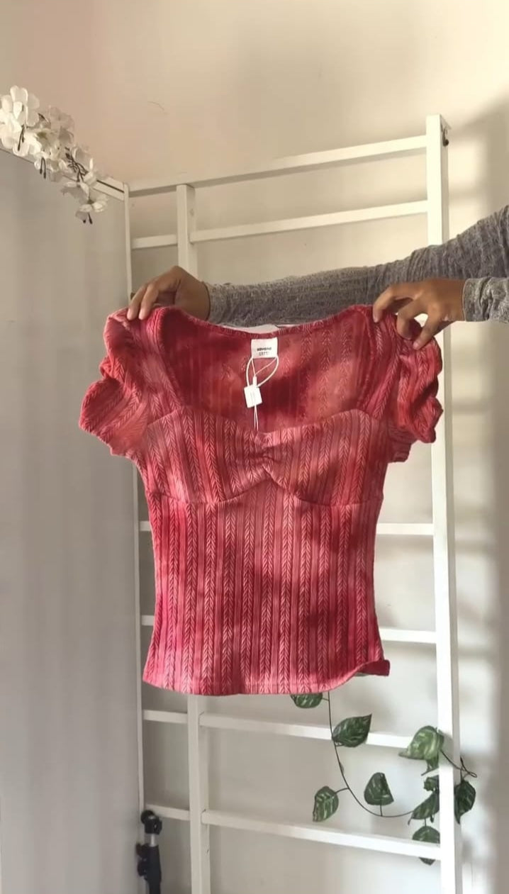Coral Pink Ribbed Fitted Top with Sweetheart Neckline