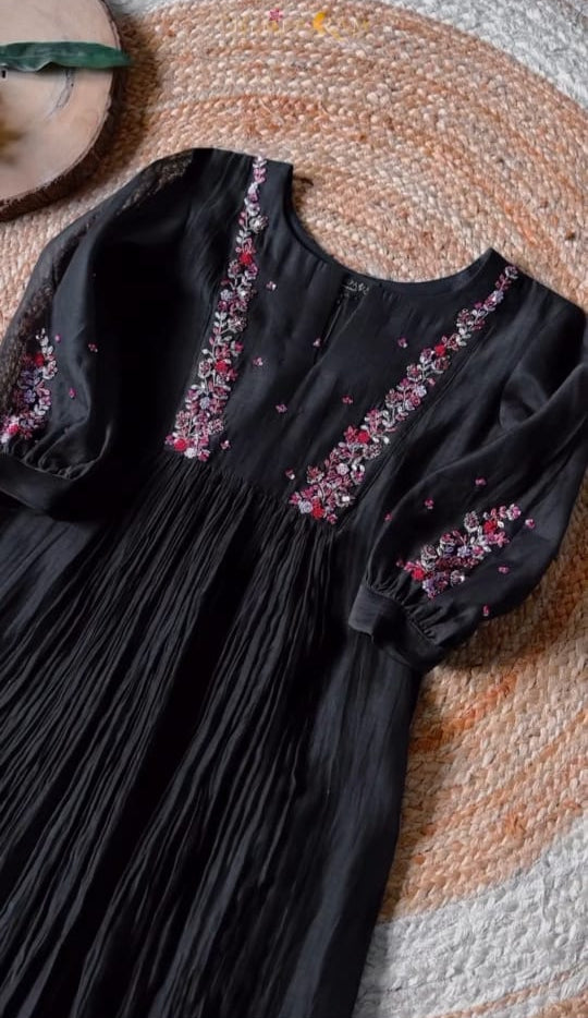 Black Embroidered Maxi Dress with Puff Sleeves