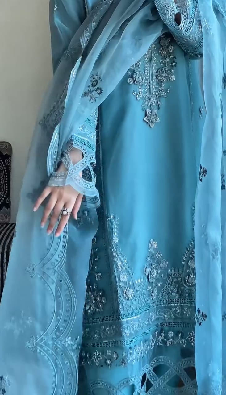 Sky Blue Embroidered Georgette Suit with Dupatta