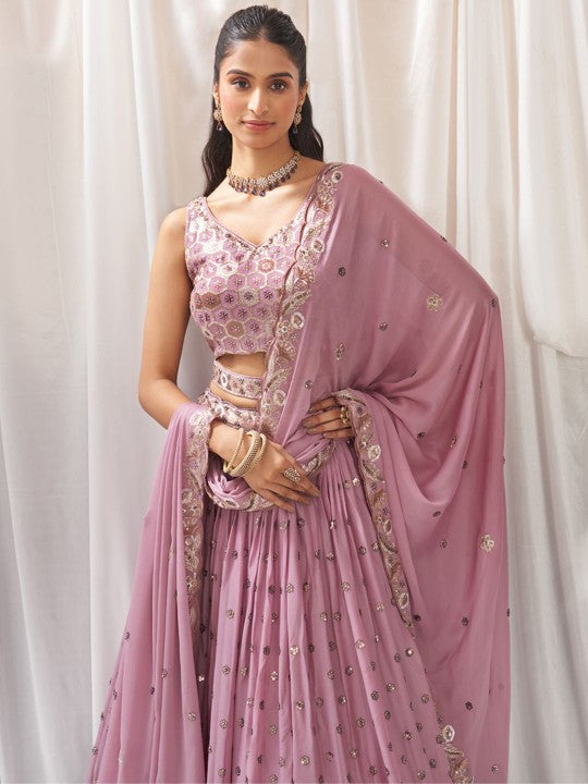 Embroidered Sequinned Semi Stitched Lehenga & Unstitched Blouse With Dupatta