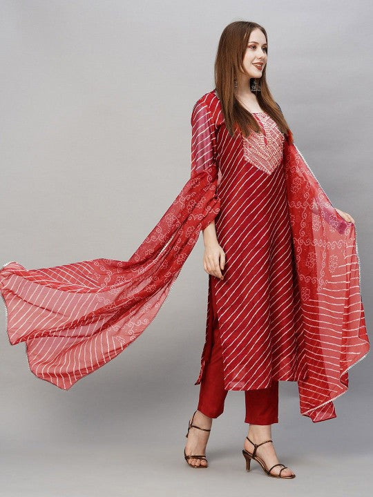 Leheriya Printed Sequinned Straight Kurta with Trousers & Dupatta