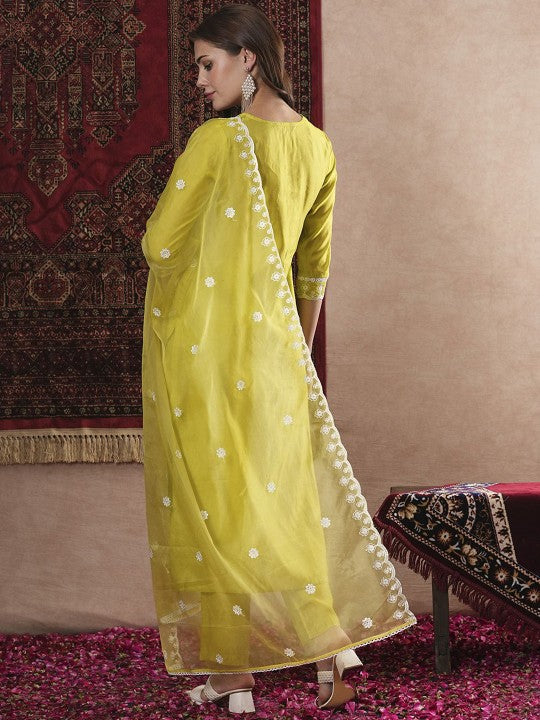 Floral Embroidered Thread Work Straight Kurta with Trousers & Dupatta