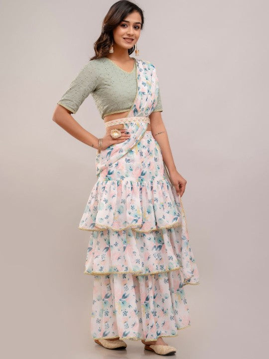 Floral Chikankari Pure Georgette Ready to Wear Block Print Saree