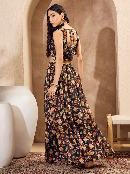 Floral Printed Sequinned V-Neck Ready to Wear Lehenga Choli