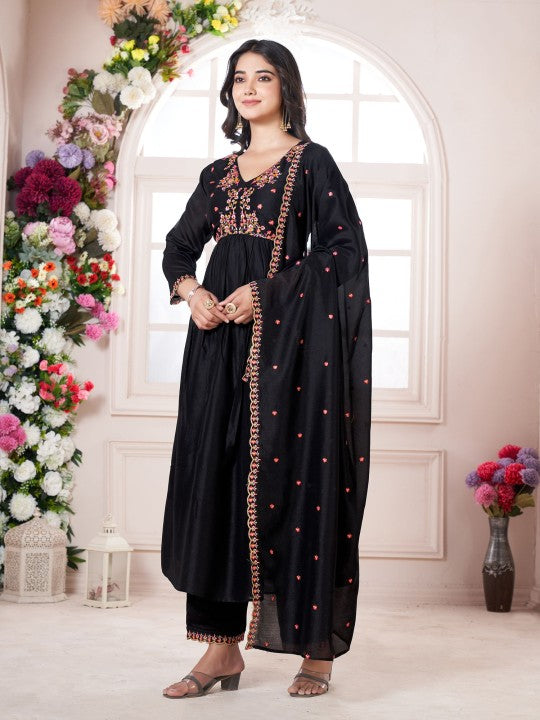 Floral Embroidered V-Neck Anarkali Kurta With Palazzos And Dupatta
