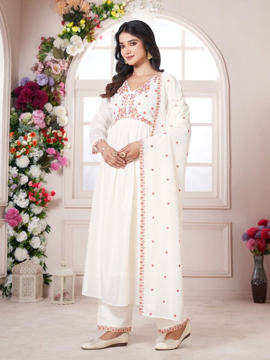 Floral Embroidered V-Neck Pleated Anarkali Kurta With Trousers & Dupatta