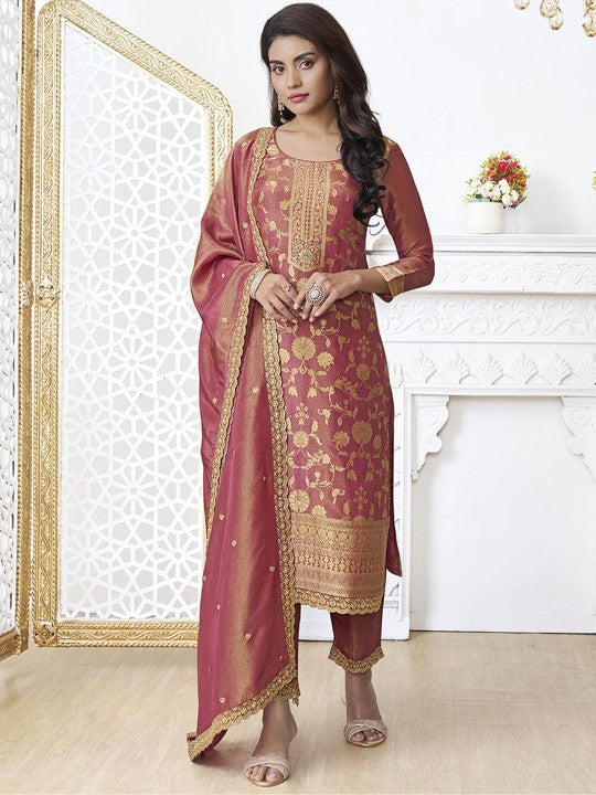 Ethnic Motifs Woven Design Sequinned Jacquard Straight Kurta With Trouser & Dupatta