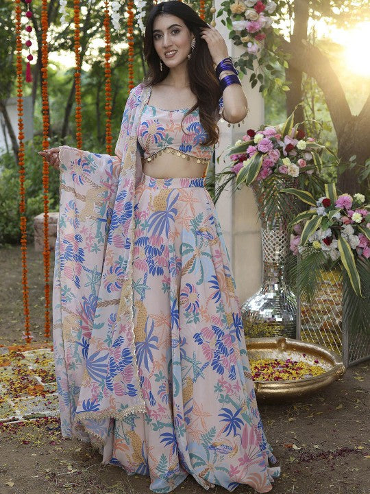 Floral Printed Semi-Stitched Lehenga & Unstitched Blouse With Dupatta