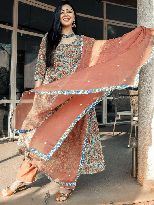 Women Brown Floral Printed Kurta with Trousers & With Dupatta