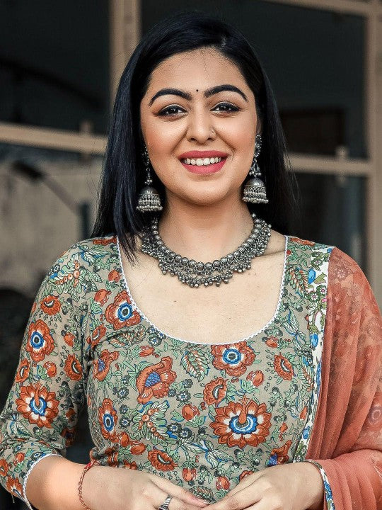 Women Brown Floral Printed Kurta with Trousers & With Dupatta