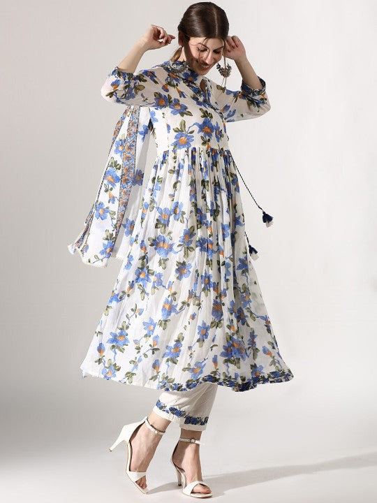 Floral Printed Thread Work Pure Cotton Straight Kurta with Trousers & Dupatta