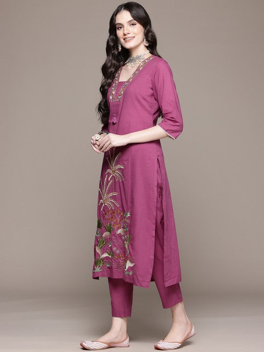 Floral Embroidered Pure Cotton Kurta with Trousers & Dupatta