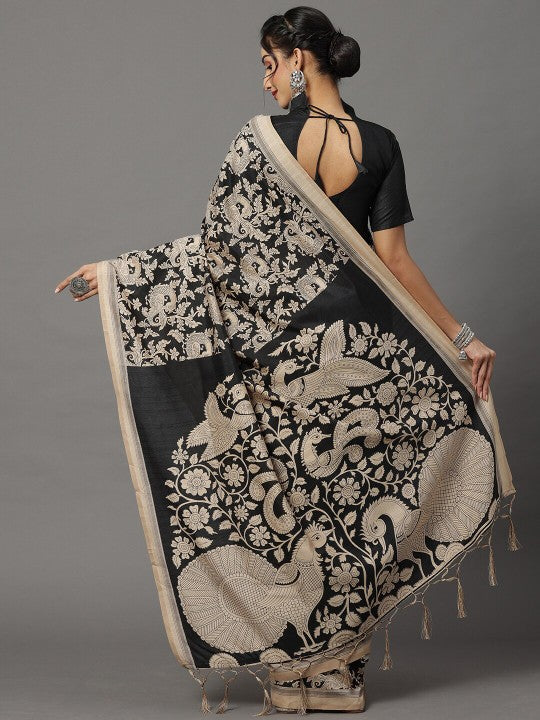 Black & Beige Ethnic Motifs Art Silk Bhagalpuri Saree
