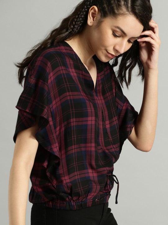 Women Maroon Checked Blouson Top