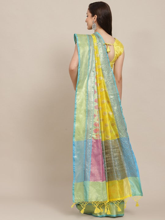 Yellow & Turquoise Blue Ethnic Motifs Zari Art Silk Banarasi Saree
