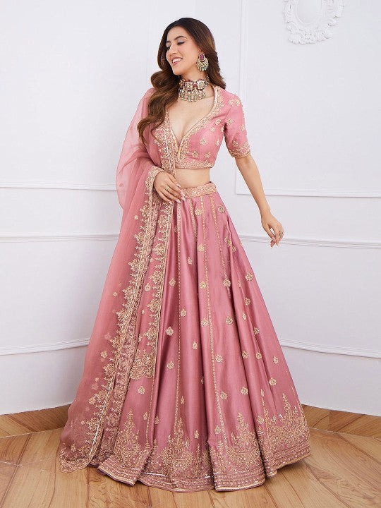 Embroidered Sequinned Semi-Stitched Lehenga & Unstitched Blouse With Dupatta