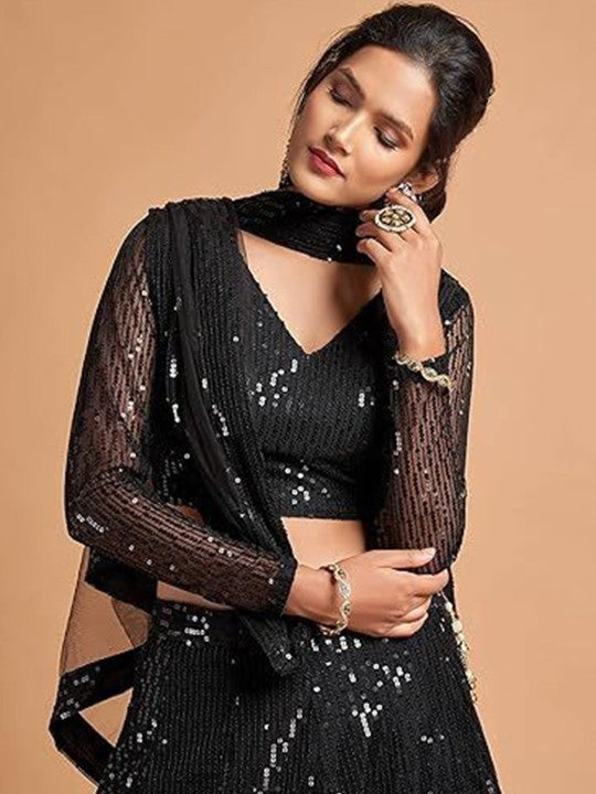Embroidered Sequinned Semi-Stitched Lehenga & Unstitched Blouse With Dupatta