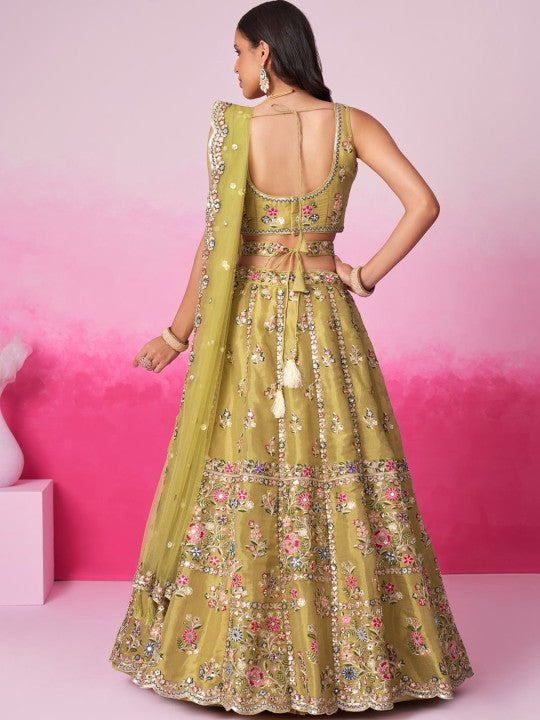 Embroidered Sequinned Semi-Stitched Lehenga & Unstitched Blouse With Dupatta