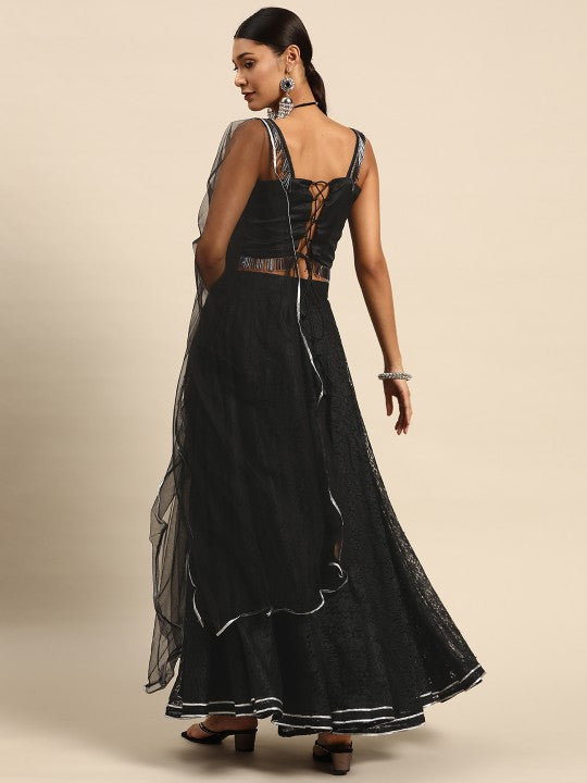 Black Semi-Stitched Lehenga & Unstitched Blouse With Dupatta