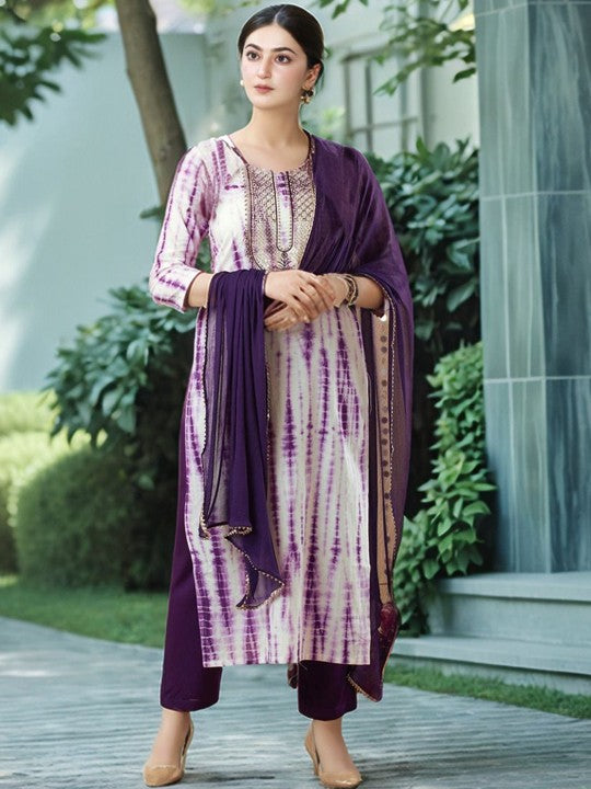 Ombre Printed Regular Thread Work Straight Kurta With Trousers And Dupatta