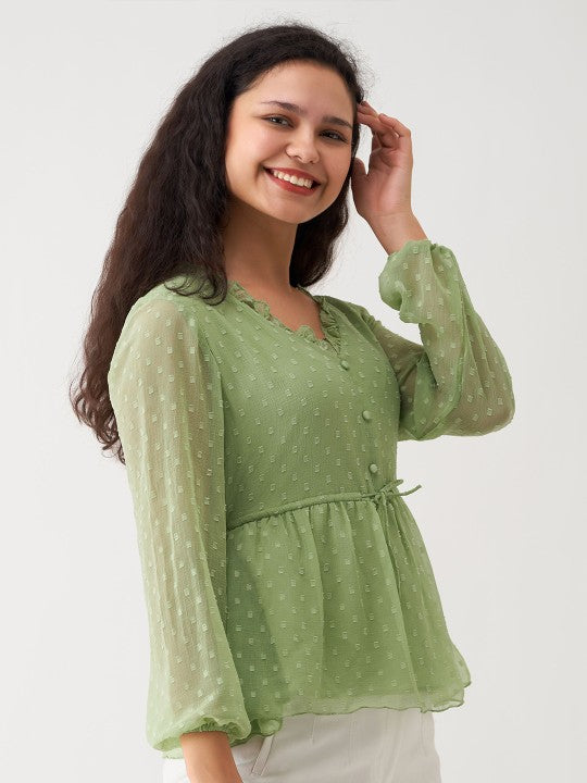 Self Design V-Neck Long Sleeve Gathered Cinched Waist Top