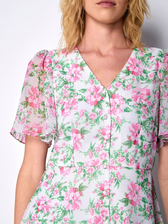 Floral Print Flared Sleeve Chiffon Shirt Style Top