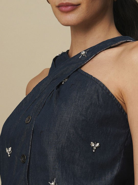 Embellished Halter Neck Cotton Top
